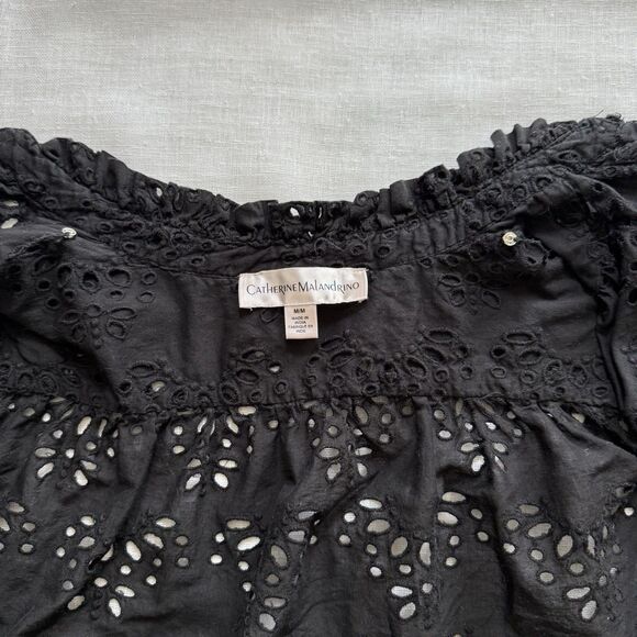 Catherine Malandrino Cotton Black Ruffle Collar V Neck Eyelet Woven Top Size M - Picture 6 of 6